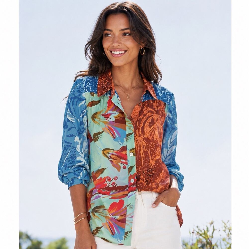 Soft Surroundings Hermosa Floral Patchwork Button Front Shirt Boho Womens XL